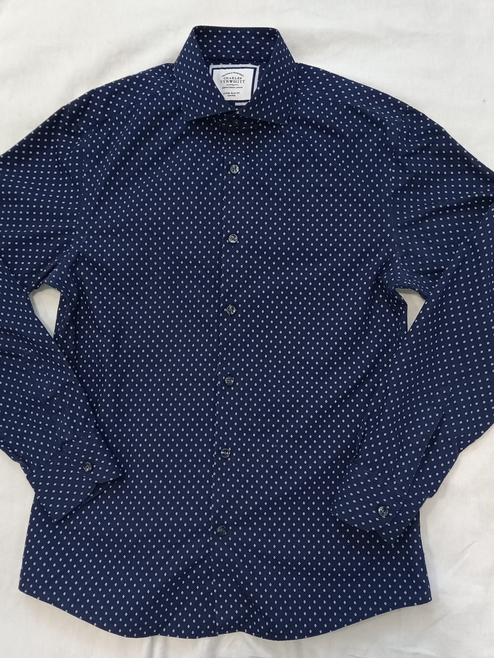 Charles Tyrwhitt Men's Navy Diamond-Print Long Sleeve Extra Slim Fit  Med. Shirt